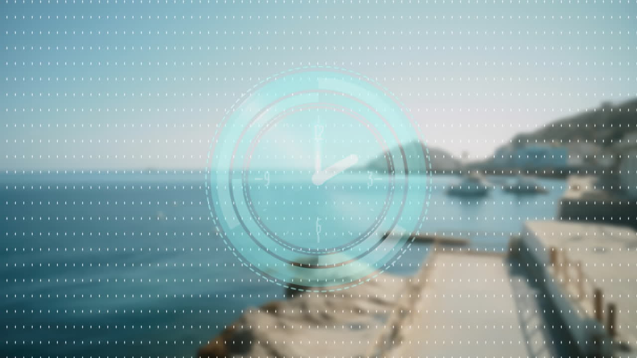 Digital clock animation over scenic coastal view with dotted pattern overlay
