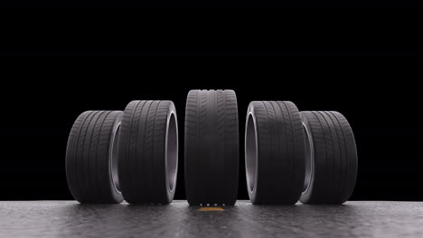 loop four car wheels rolling on wet asphalt with alpha channel