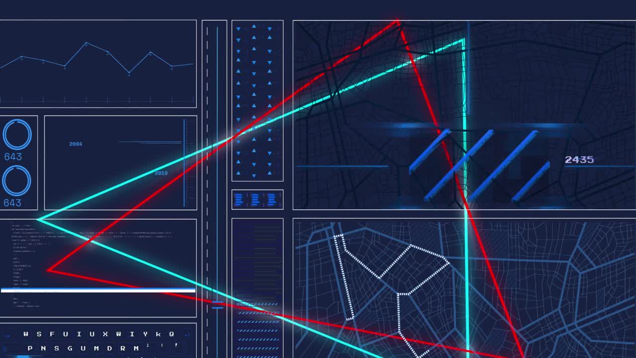 animación de triángulos sobre círculos de carga, gráfico y patrón de navegación contra un fondo negro