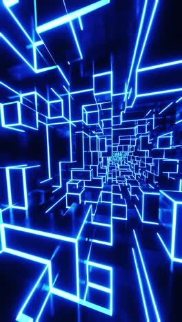 flying through a tunnel of blue neon cubes. vertical looped video