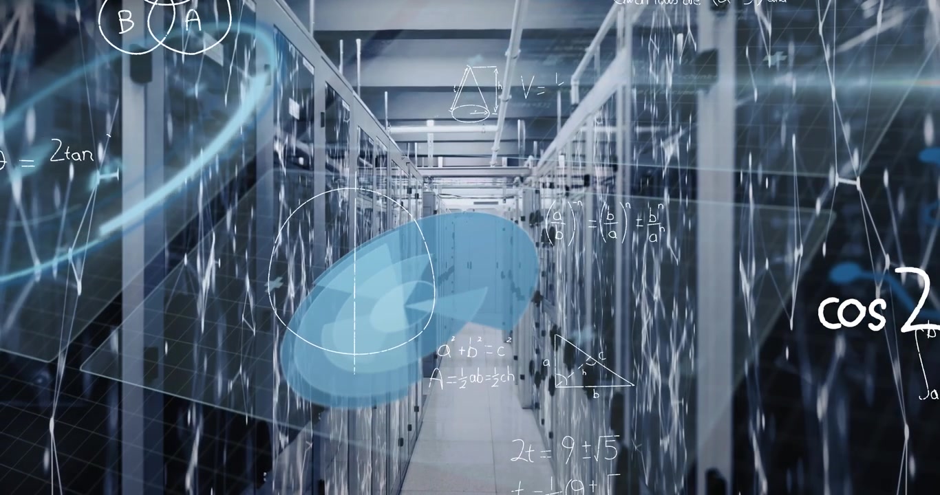 Animation of mathematical equations over round scanner and data processing against server room