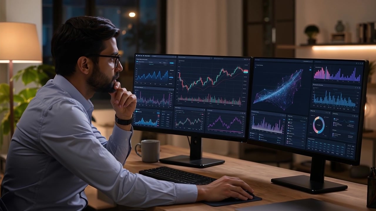 Focused male analyst looking at multiple computer screens with financial data graphs and charts at night