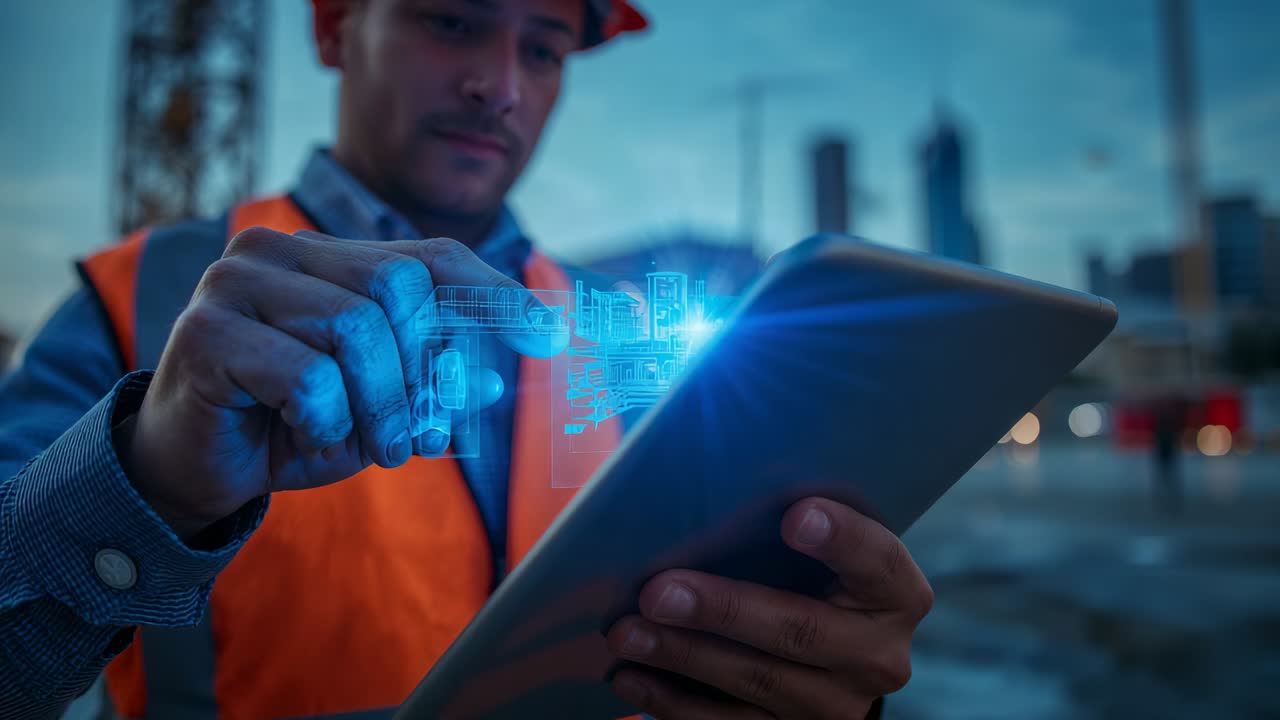 Tapping tablet, worker in hardhat, hi-vis vest adjusting AR model on site at dusk, checking plans