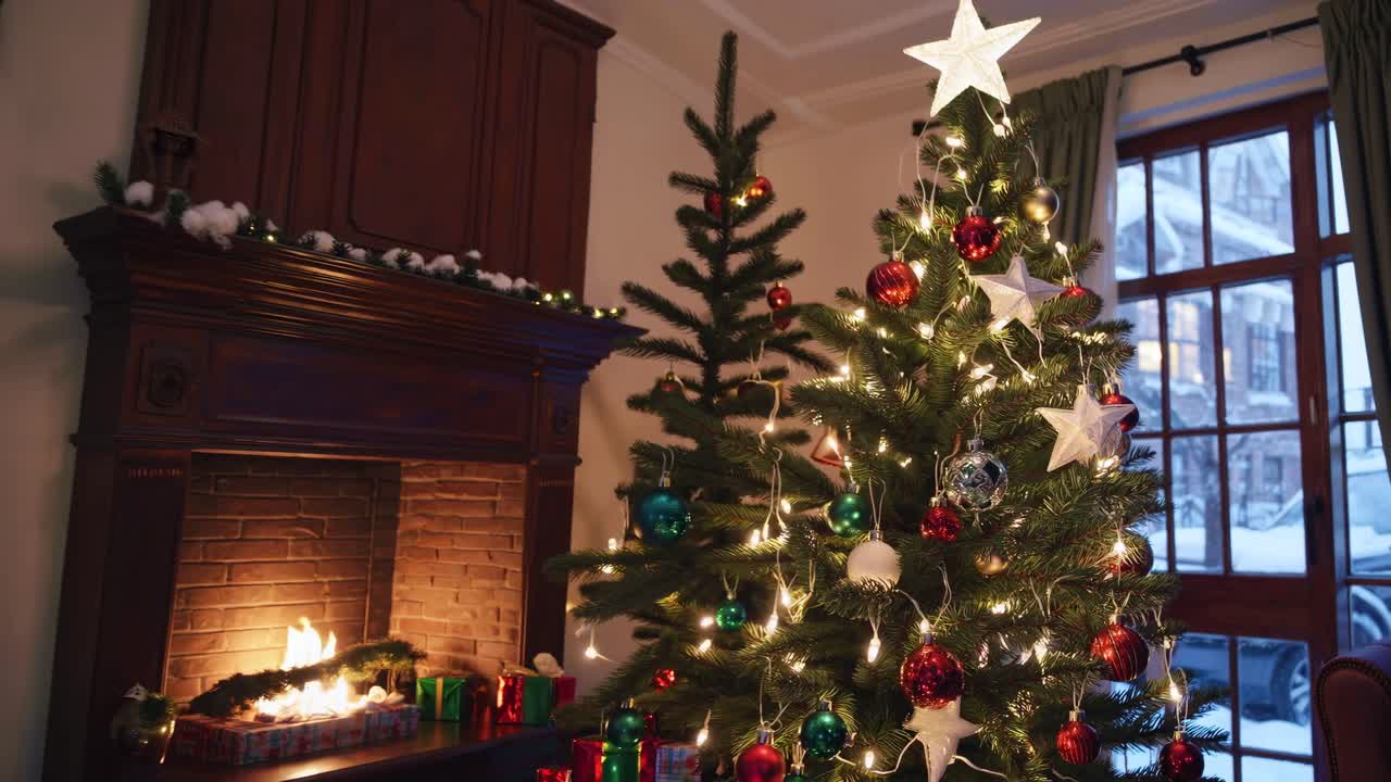 Cozy Christmas living room scene with a decorated tree and fireplace, captured from a low angle