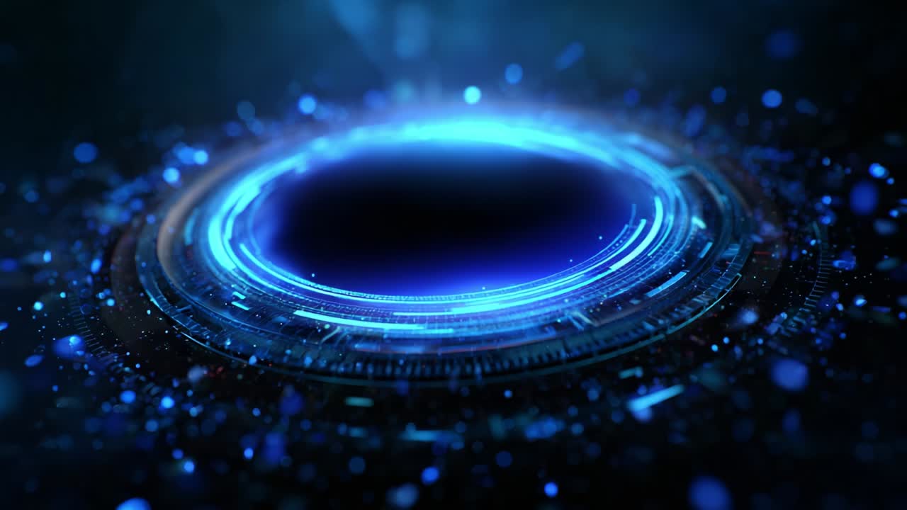 A mesmerizing glimpse into a futuristic circular portal, radiating ethereal blue light and surrounded by vibrant particles, creating an enchanting atmosphere of curiosity and exploration