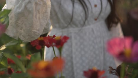 una niña vestida de blanco sostiene una flor de zinnia rosa durante la puesta de sol en un campo de flores silvestres