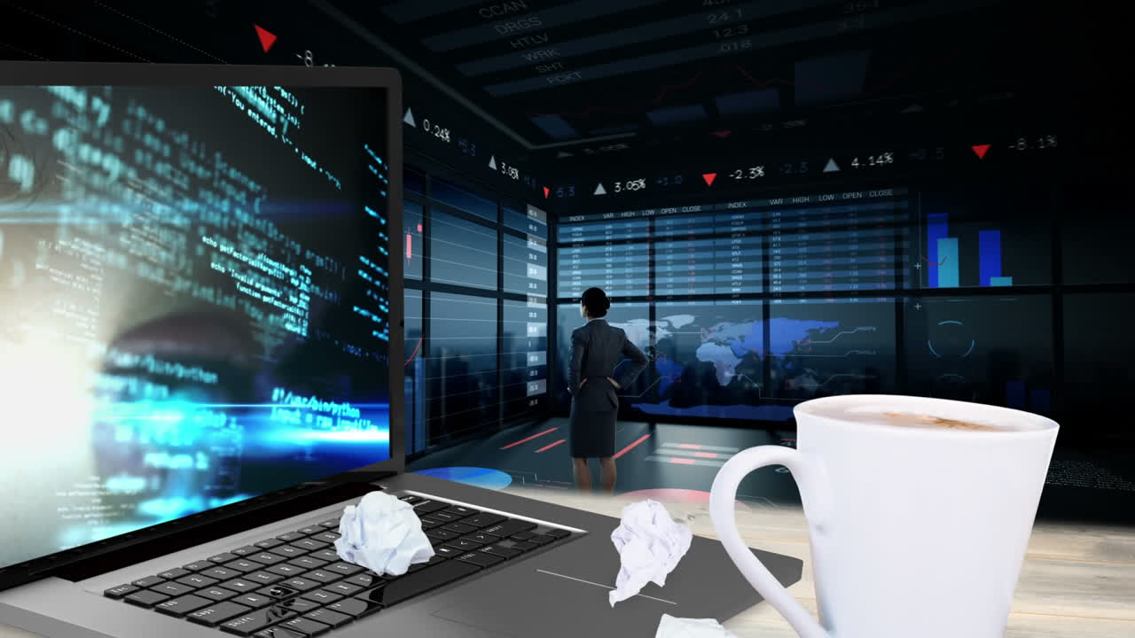 사무실에서 금융 데이터를 분석하는 사업가에 대한 컴퓨터 코드와 눈 애니메이션