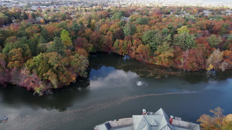 bird's eye view over the boathouse and pond at roger williams park in rhode island