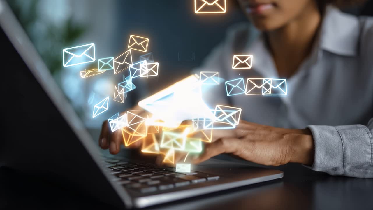 Persona che digita al laptop con icone di email fluttuanti, che simboleggiano la comunicazione e la connessione digitale e mettendo in evidenza l'importanza delle email nella vita moderna.