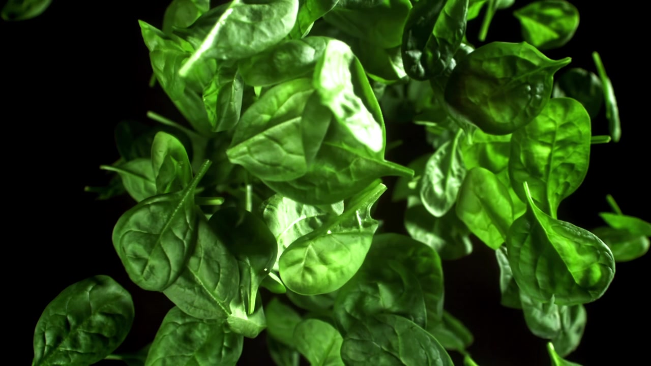 Foglie di spinaci freschi e verdi che cadono al rallentatore su sfondo nero