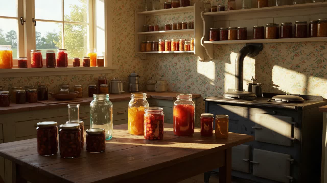 A Cozy, Vintage Kitchen Filled with Sunlight and Preserved Jars Showcasing the Warmth of Home Cooking and the Art of Canning in a Rustic Setting
