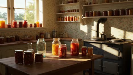 a cozy, vintage kitchen filled with sunlight and preserved jars showcasing the warmth of home cooking and the art of canning in a rustic setting