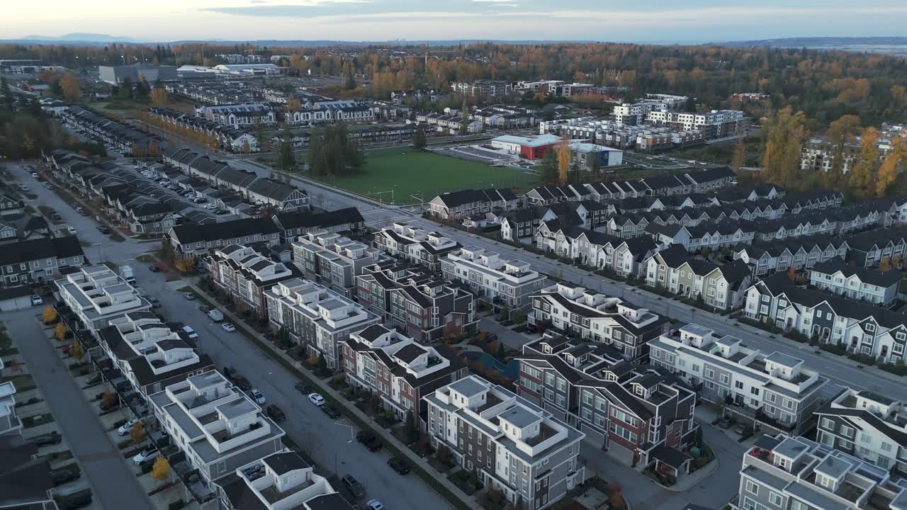 Suburban Modern Townhouse At Carvolth Neighbourhood In Langley Township, Canada. Aerial Drone Shot