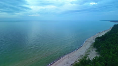 Beautiful-aerial-shot-of-coastal-beach-with-palm-trees-and-an-endless-view-of-the-ocean-and-sky