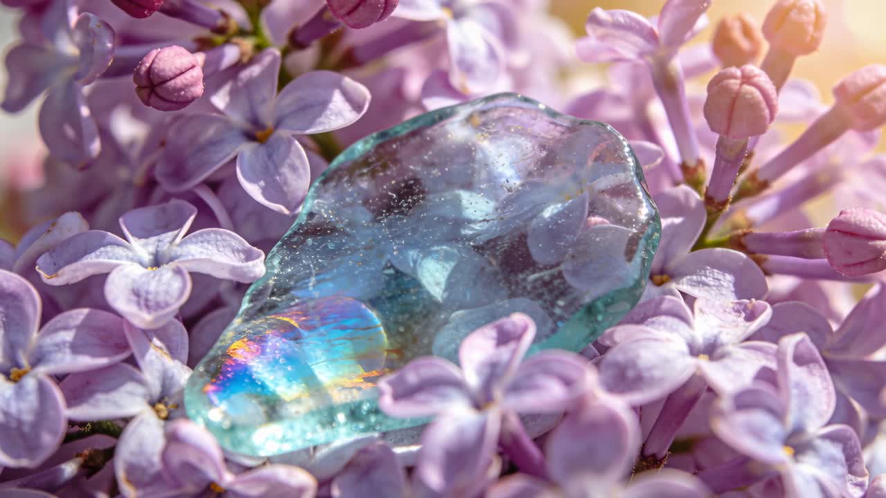 Bagliore del sole nascente che fa sì che un frammento di vetro color acquamarina riveli un arcobaleno sui fiori di lillà, mostrando bolle.