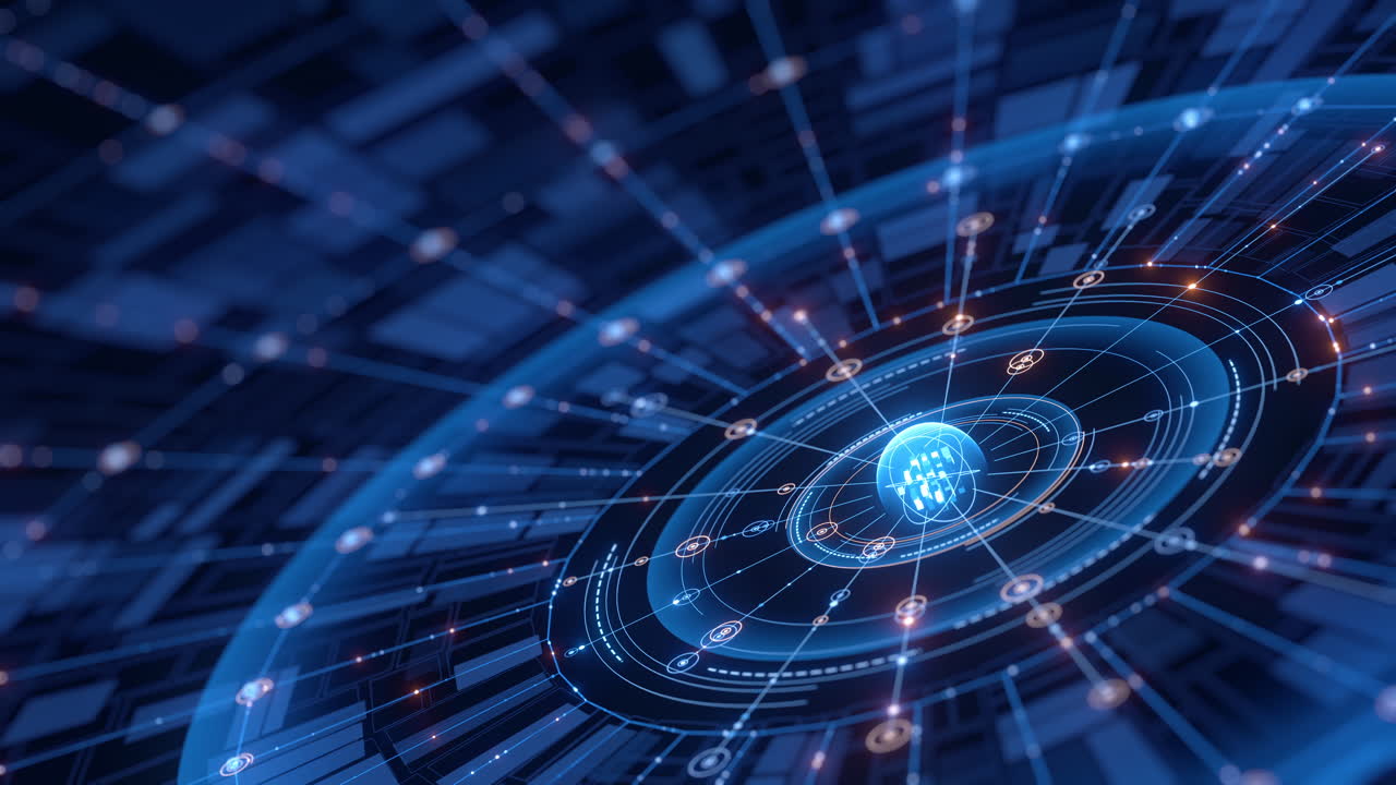 Questo sfondo digitale astratto mostra nodi e linee interconnessi, simboleggiando tecnologia avanzata, flusso di dati, intelligenza artificiale e comunicazione globale in un'ambientazione futuristica