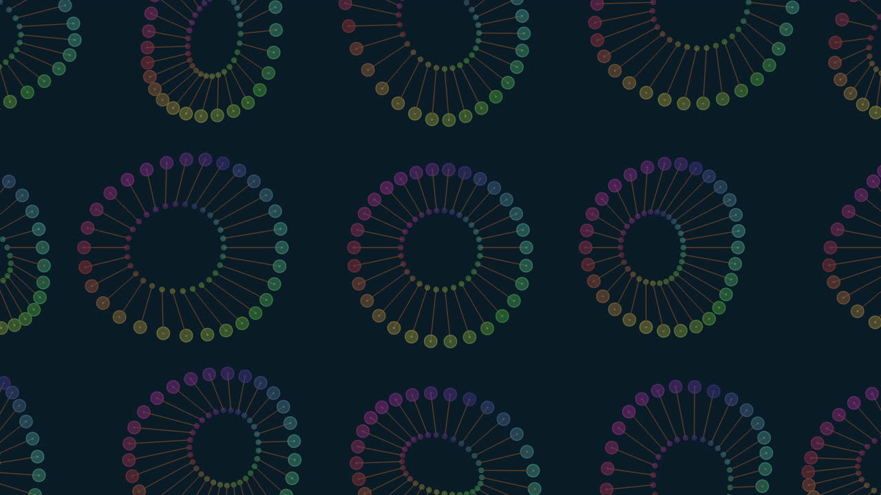 Filmato astratto continuo di nodi circolari colorati che formano anelli di rete dati su uno sfondo scuro, ideale come sfondo animato tecnologico moderno per presentazioni, app e interfacce futuristiche