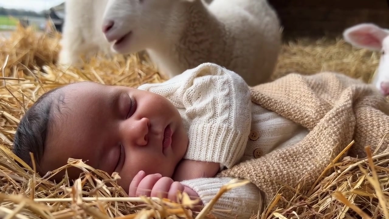 Nyfødt baby sover fredelig på høy omgitt av lam
