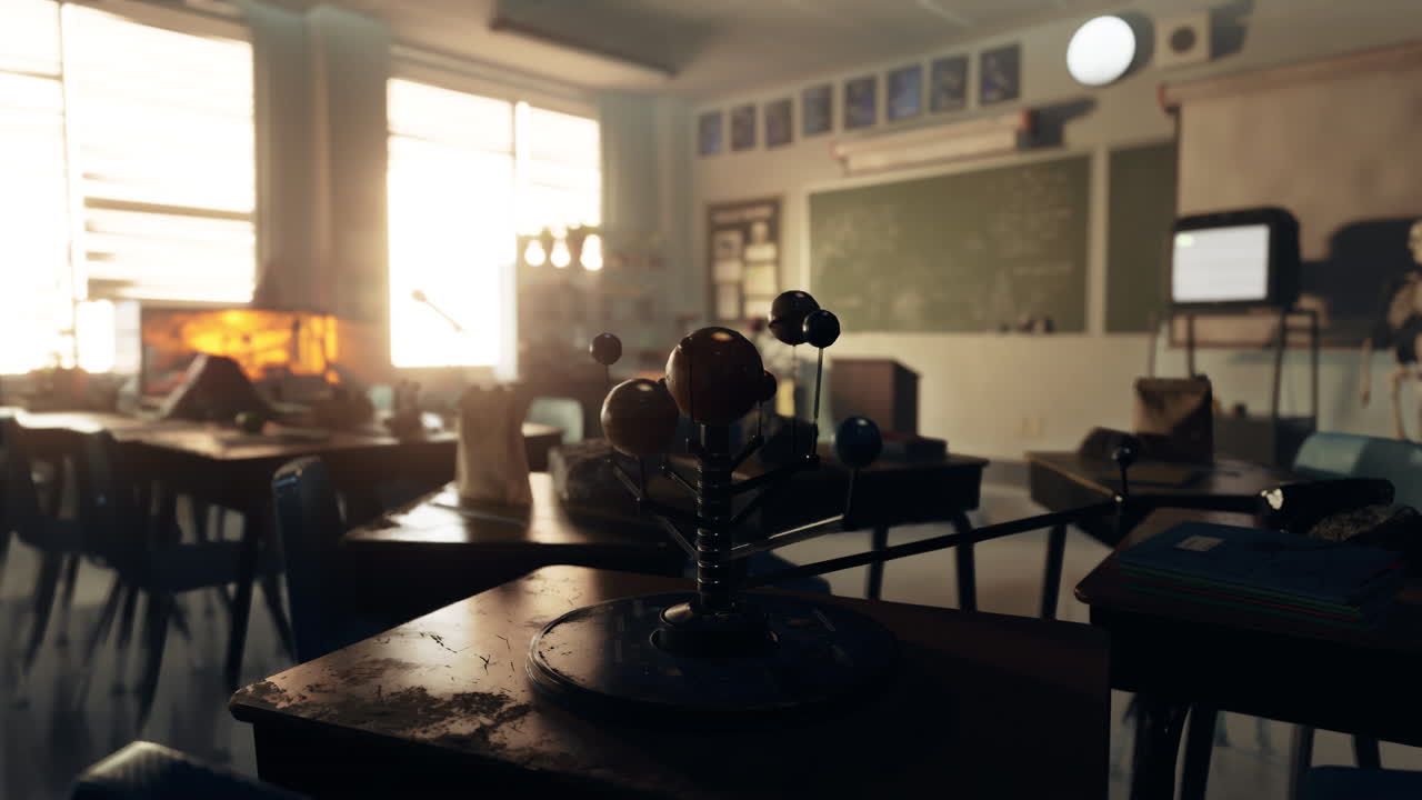 태양계 모델이 있는 빈 교실