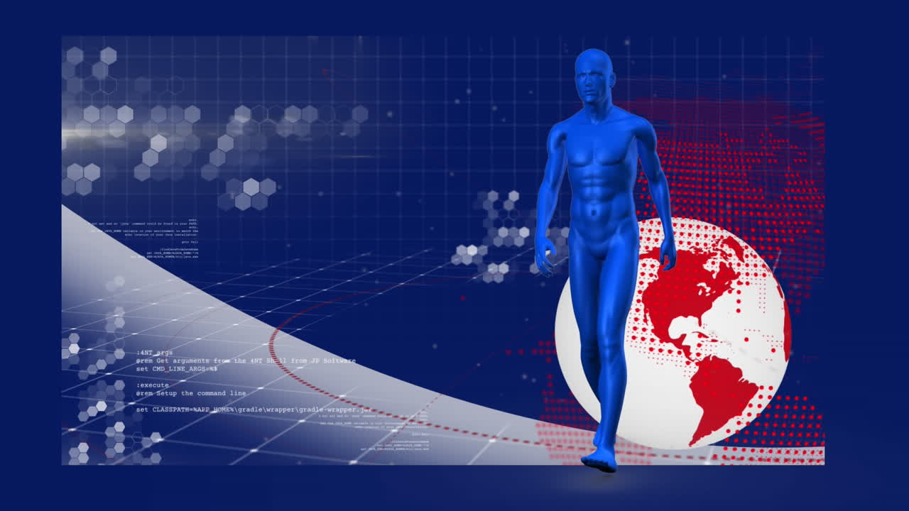 파란색 배경에 데이터 처리를 통해 전 세계에 걸쳐 디지털 인간 모델의 애니메이션