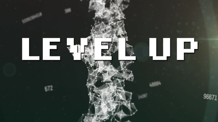 Animation of level up text over data processing on black background