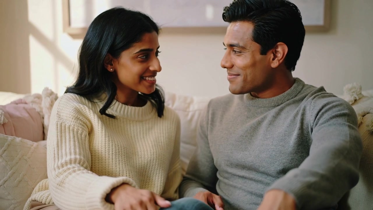 Leaning South Asian couple in cream sweater, grey sweater sharing affection on couch, touching leg