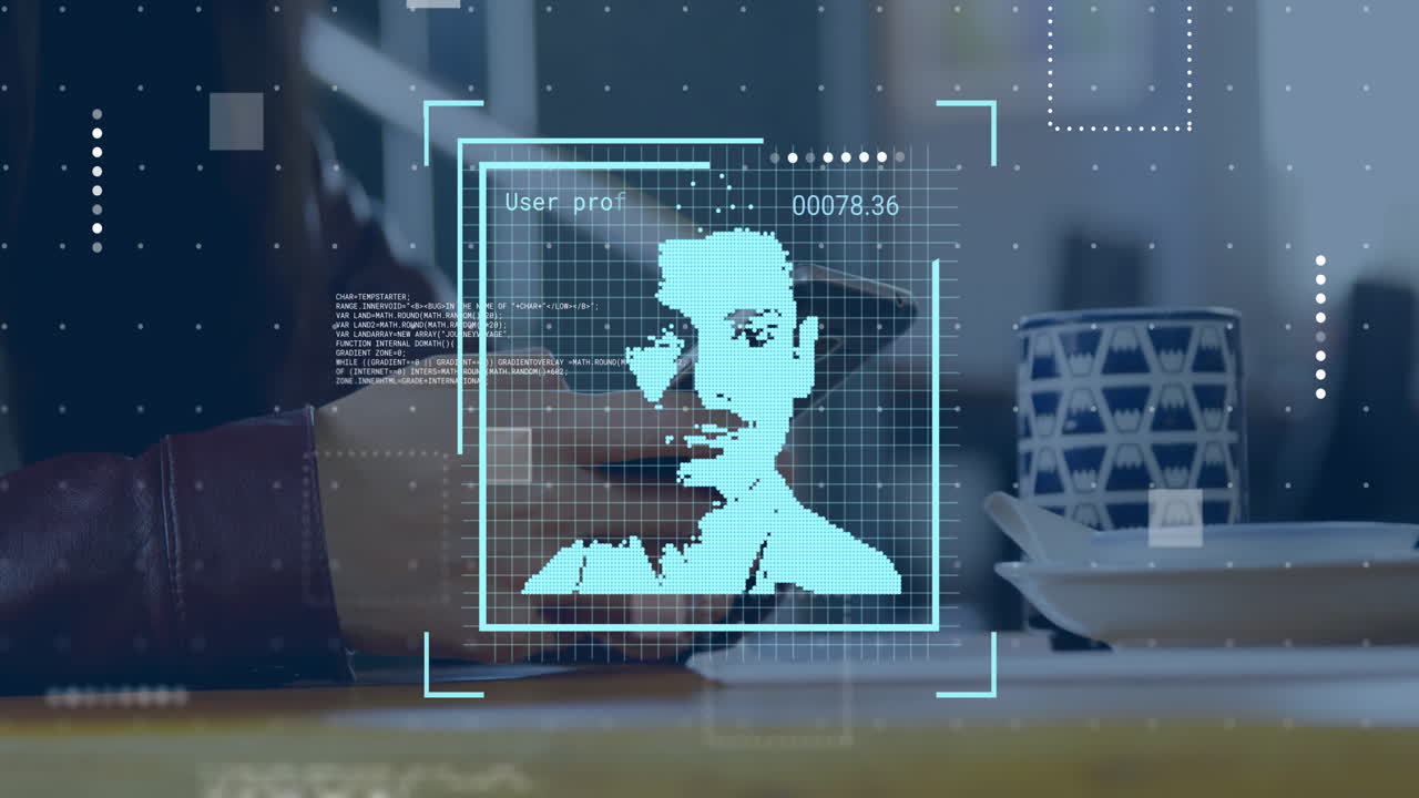 animación de fotos biométricas procesamiento de datos sobre hombre caucásico usando teléfono inteligente