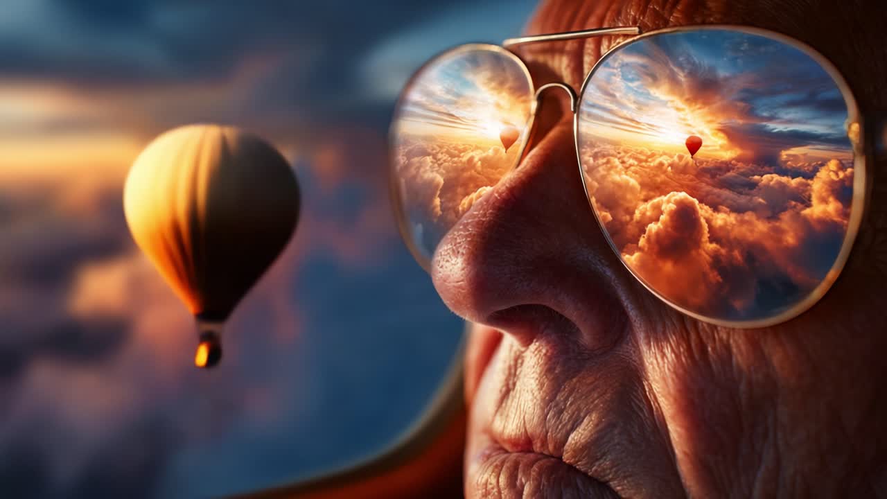 A Thoughtful Elderly Man Gazes into the Horizon, His Sunglasses Reflecting a Dreamy Sky with Colorful Clouds and a Hot Air Balloon Floating Above the Scenic Landscape