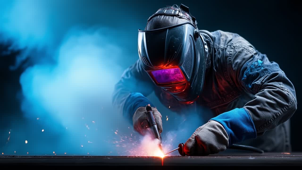 Industrial welder in protective mask working with metal sparks and smoke in a professional workshop