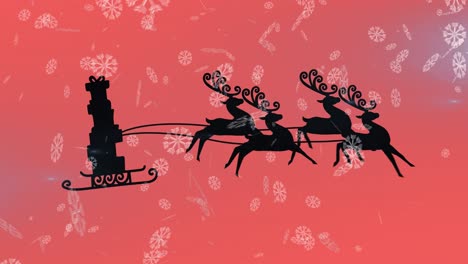 Animation-of-christmas-presents-in-sleigh-with-reindeer-over-snow-falling-on-red-background