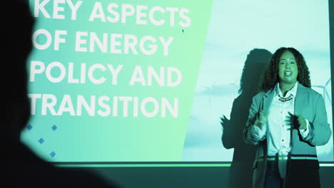 woman giving a presentation on energy policy and transition