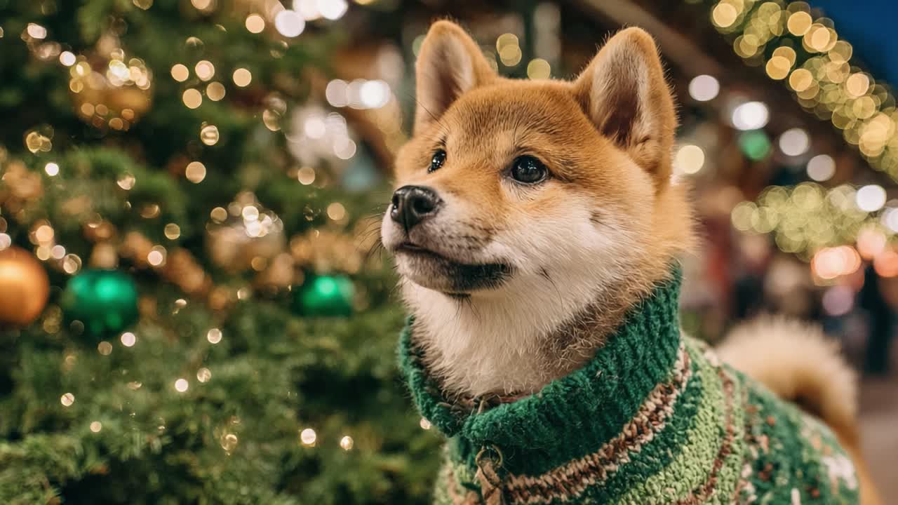 Adorable Shiba Inu Dog Dressed in a Cozy Green Sweater Amidst a Beautifully Decorated Holiday Scene with Sparkling Lights and Cheerful Ornaments