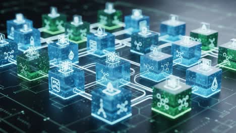 dynamic representation of scientific data with floating icons and transparent blocks in a futuristic grid environment