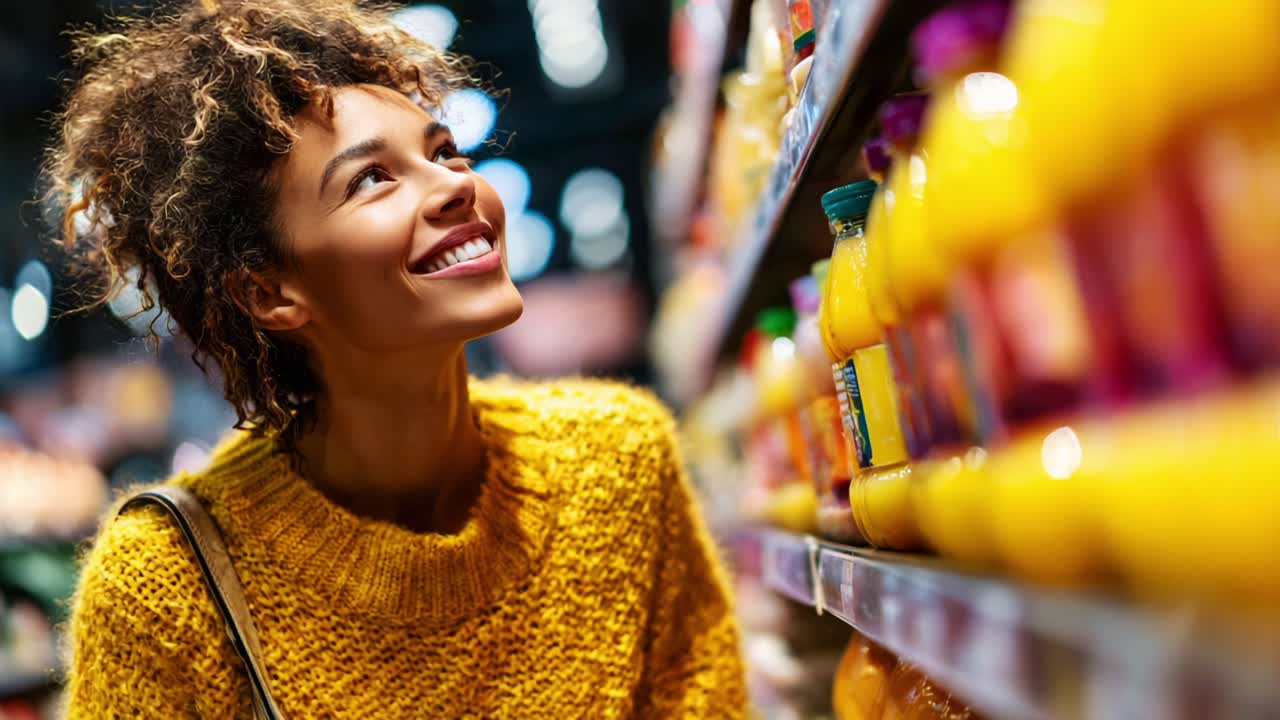 A joyful woman in a bright yellow sweater gazes at colorful shelves filled with beverages in a supermarket, capturing the essence of shopping experiences and delight