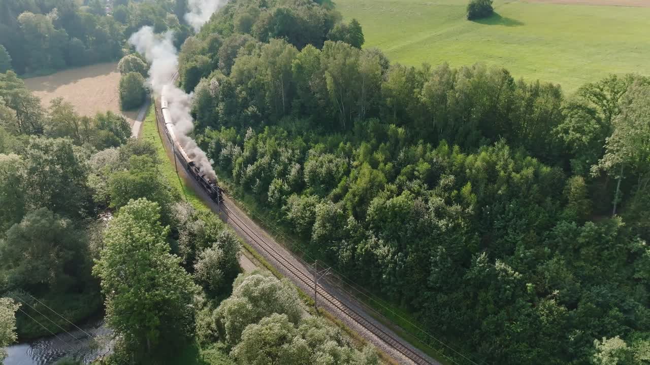 Parní vlak přijíždí na nádraží skrz hustou lesní zeleň.