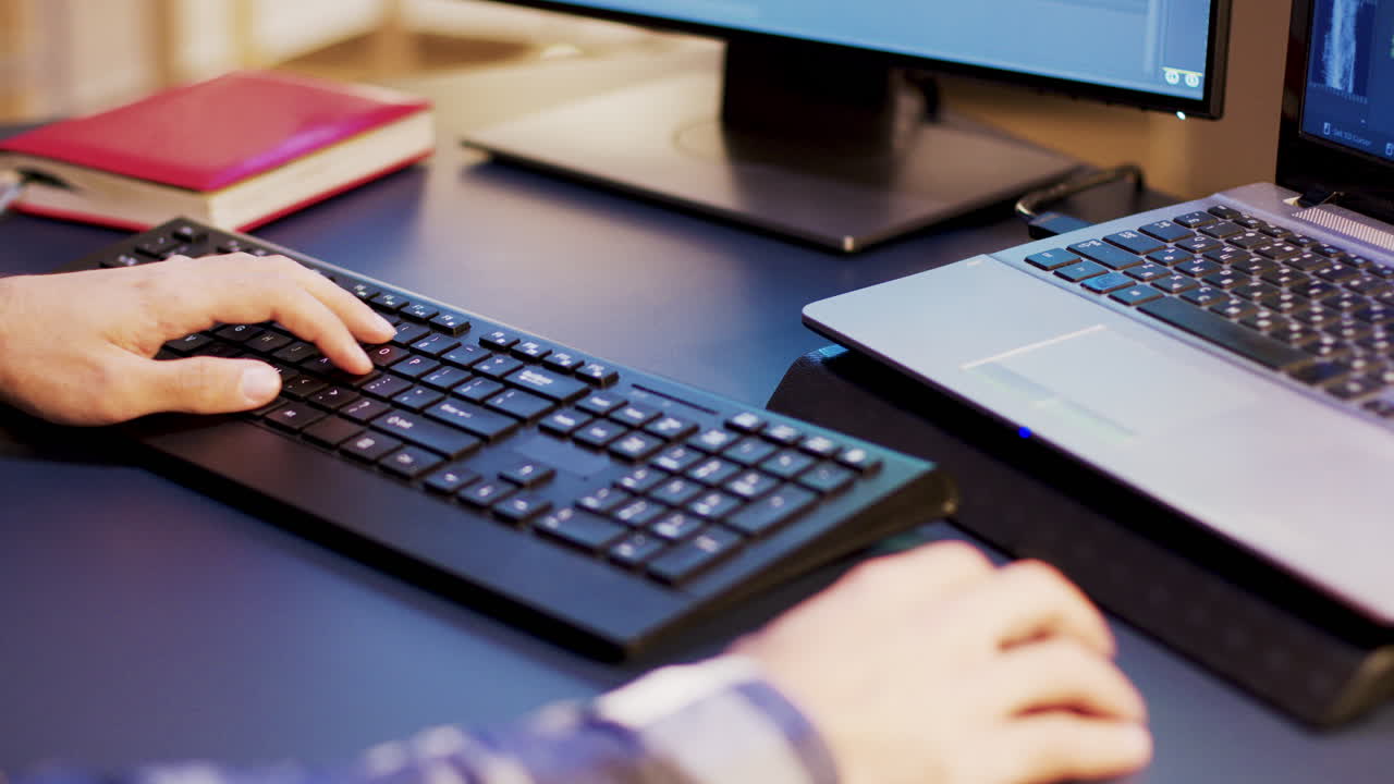 Typing on a Keyboard at a Desk with Laptop and Monitor