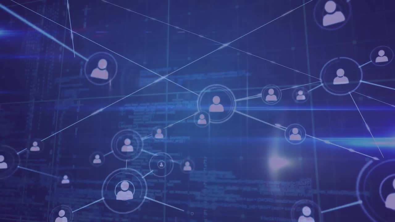 Animation of network of profile icons, data processing and light trails against blue background