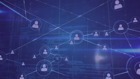 animation of network of profile icons, data processing and light trails against blue background