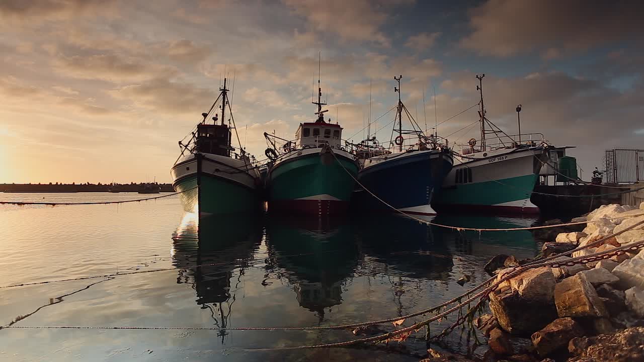 Luce dorata inclinata su grandi pescherecci ormeggiati in una tranquilla marina portuale