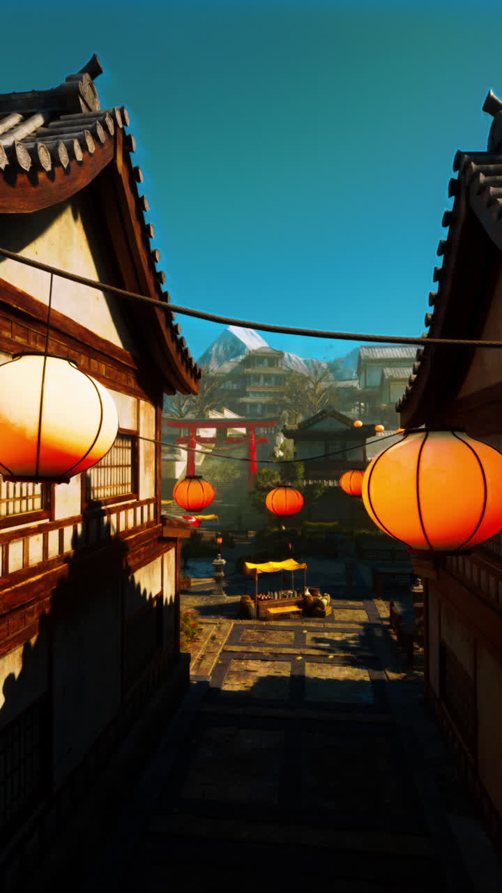 una vista panorámica de una calle japonesa con linternas y una montaña en el fondo