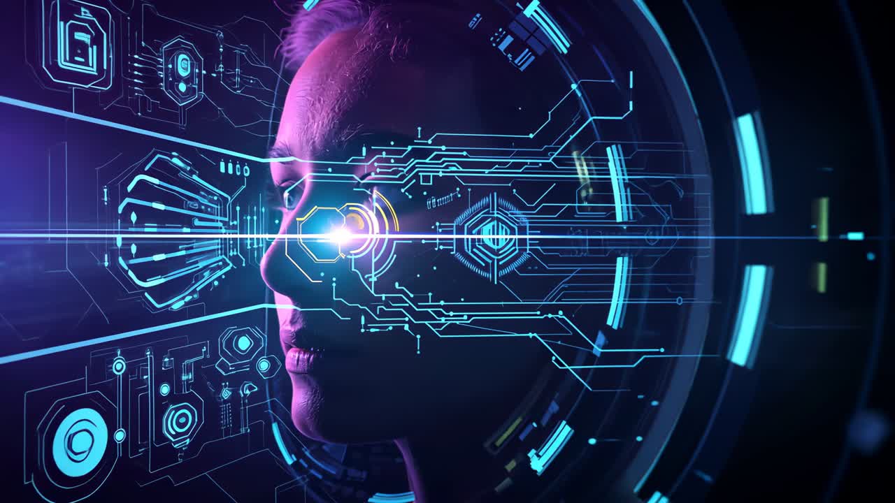 Sweeping cyan beam activating circuit overlay icons and HUD ring on profile in void, copy space