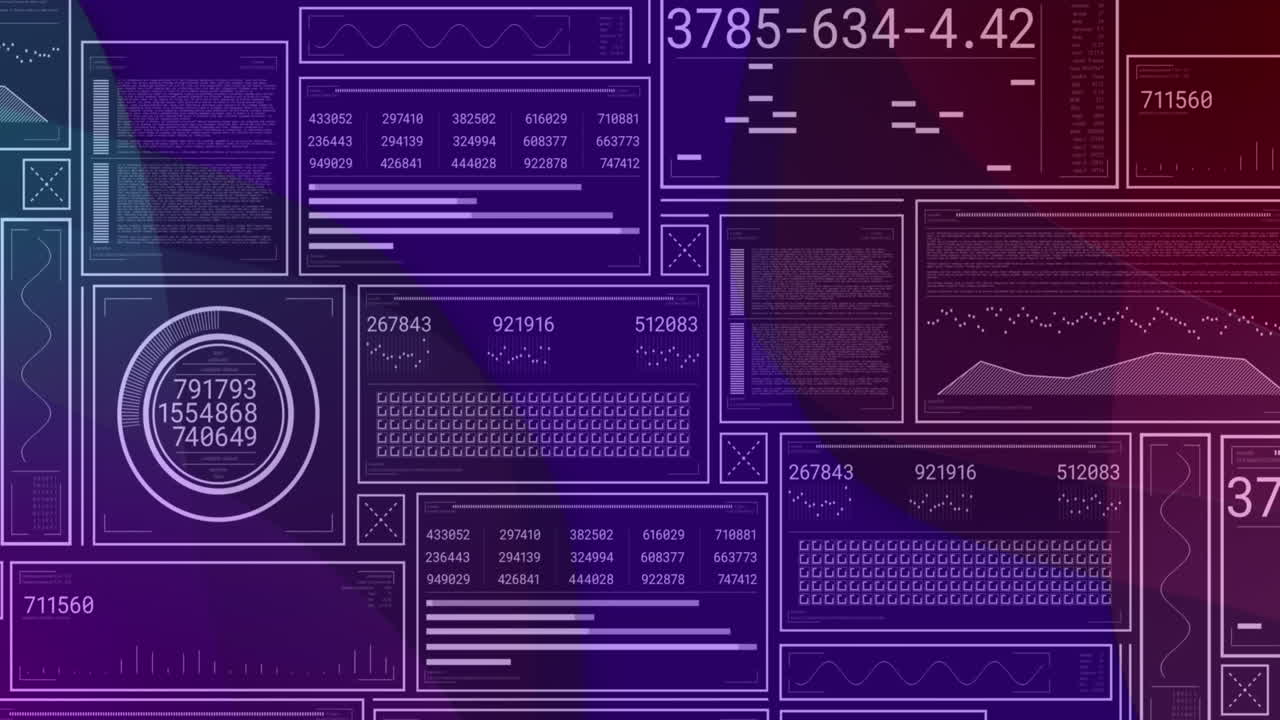 Animation of multiple screens with graphs, programming language and numbers