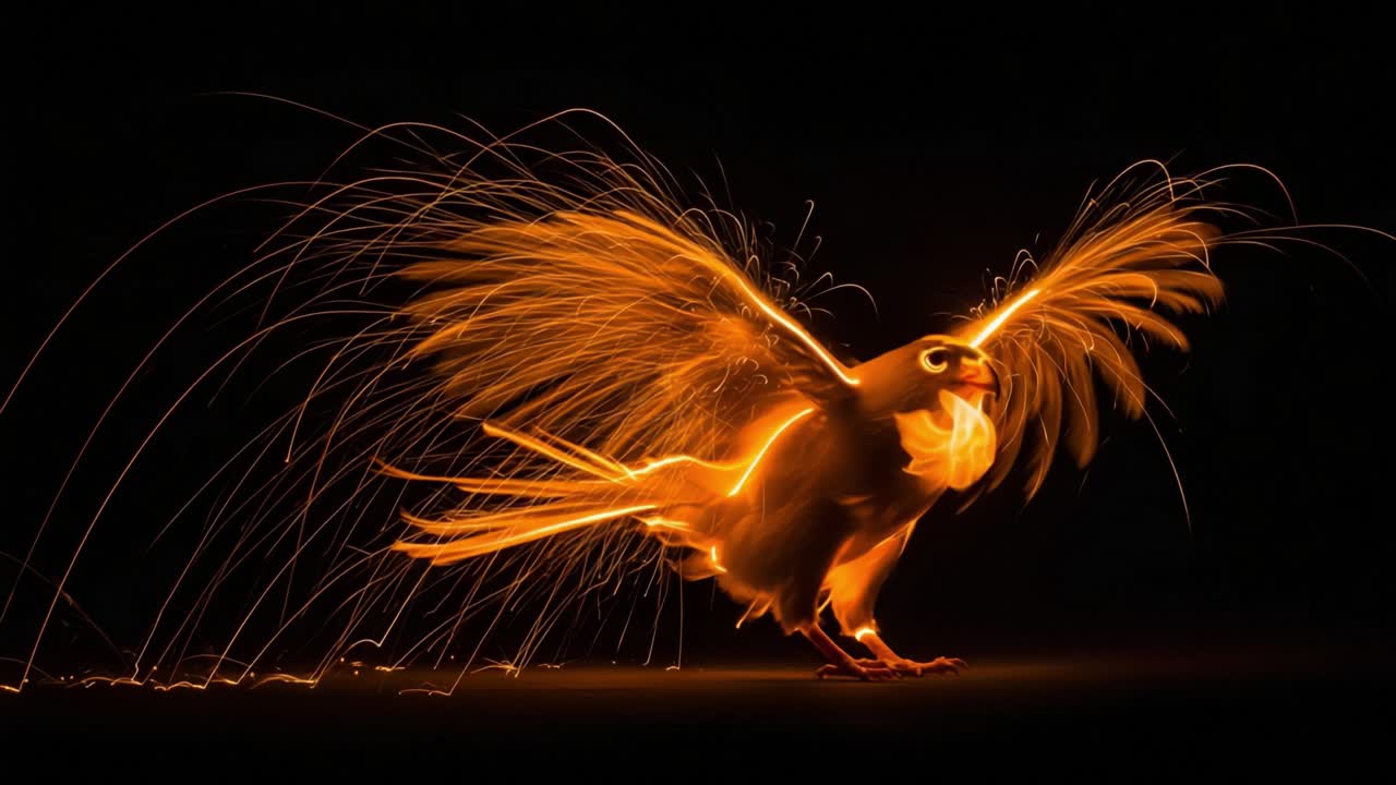 A Stunning Display of Fiery Elegance: A Bird with Illuminated Wings Surrounded by Sparks Captivates the Eye in This Artistic Representation of Motion and Light