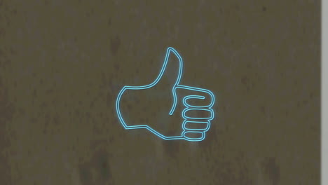 digital animation of neon blue thumbs up icon against textured wooden background