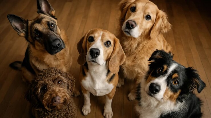 Vijf honden van verschillende rassen zitten op een houten vloer en kijken omhoog naar de camera.