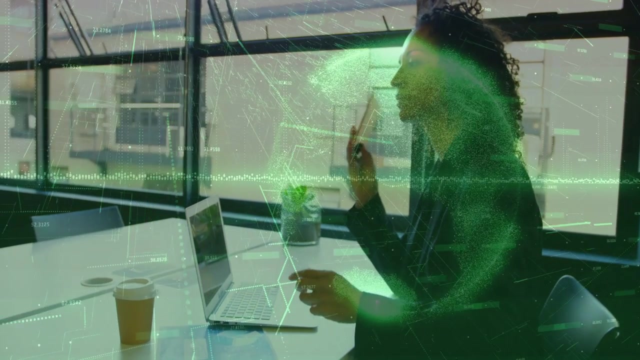 Woman placing phone, gesturing laptop, lifting phone to ear for business call, green holo animating