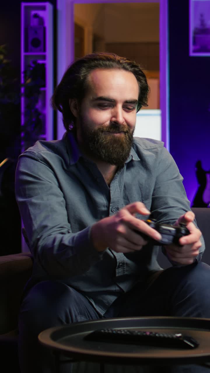 Vertical video Happy person arriving home, excited to do gaming