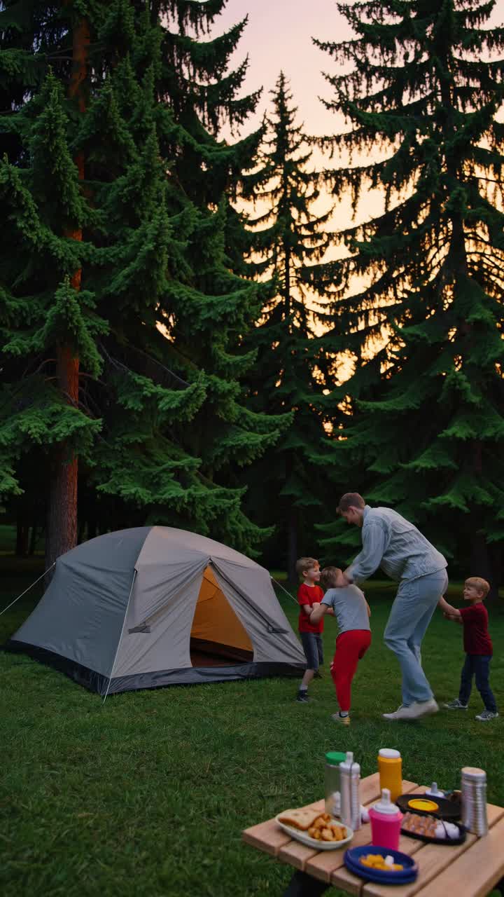En rolig campingscene ved solnedgang med en far og børn i nærheden af et telt