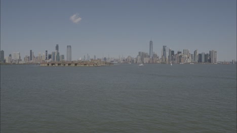 wide shot of the entire new york skyline line seen from staten island