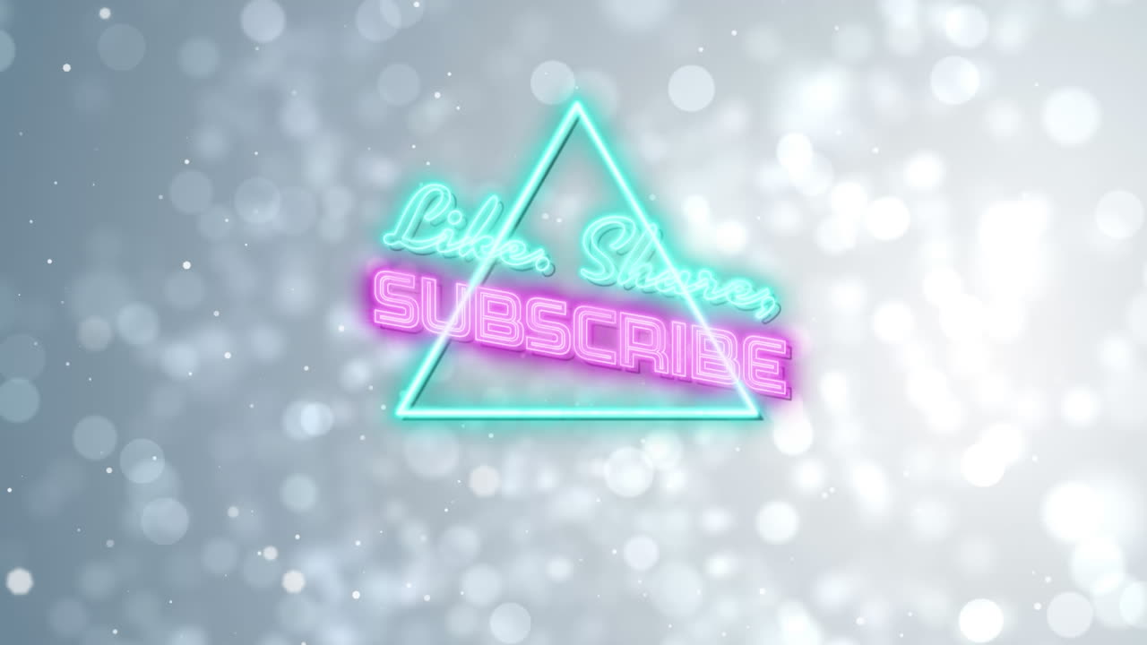 animación de neón como, compartir, suscribirse y triángulo en fondo gris con puntos